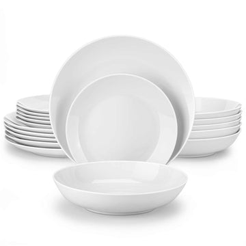 Amelia porcelain dinnerware set, off-white, 18-piece, classic round design, full set on a white background