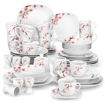 Annie porcelain dinnerware set, off-white, 50-piece, pink floral pattern, full set with serveware on a white background