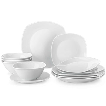 Elisa 12-piece porcelain dinnerware set featuring white rounded square dinner plates, dessert plates, and cereal bowls.