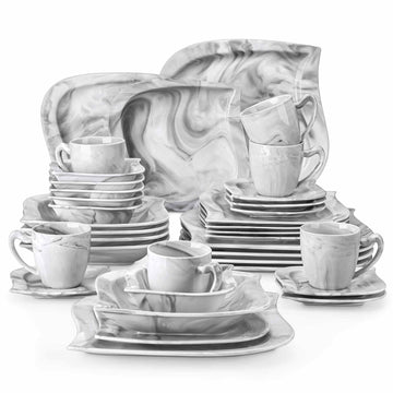 MALACASA Elvira 36-Piece Dinnerware Set With Leaf-Shaped Plates And Subtle Geometric Accents For An Elegant Table Setting - Marble Grey#color_marble-grey