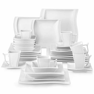 MALACASA Flora 36-Piece Porcelain Dinnerware Set With Wave-Edged Silhouettes And Sleek Geometric Patterns For A Sophisticated Dining Experience - Ivory White#color_ivory-white