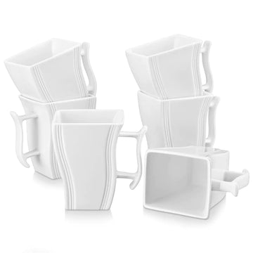 Flora Extra Large 16oz Porcelain Mugs Set of 6, Elegant Wavy Ivory White Design, Perfect for Sipping Hot Coffee, Tea, or Cocoa-Ivory White#color_ivory-white
