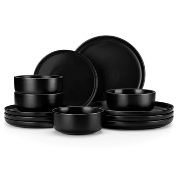 Luna matte black 12 piece dinnerware set for 4, porcelain plates and bowls.