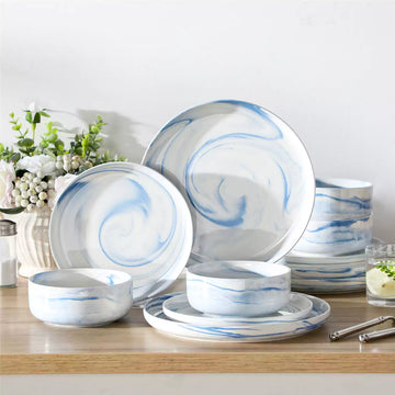 Flat Round Luna 24 Piece Dinnerware Set for 8 - Marble Blue#color_marble-blue
