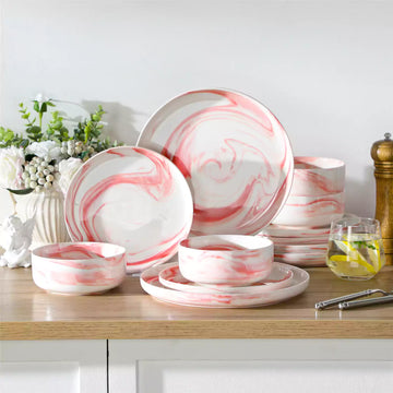 Flat Round Luna 24 Piece Dinnerware Set for 8 - Marble Pink#color_marble-pink