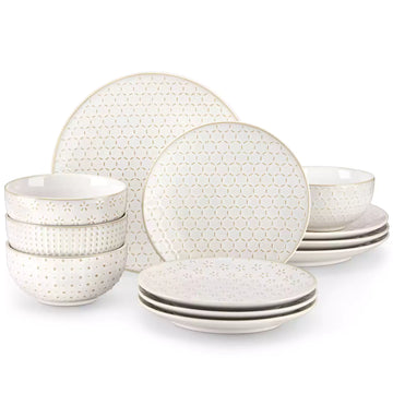 Lydia 12-Piece Stoneware Dinnerware Set With Unique Embossed Motifs Ideal For Everyday Or Casual Dining.