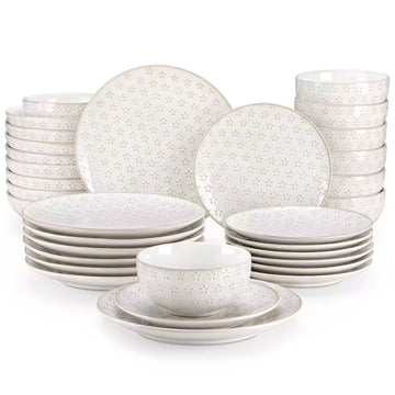 MALACASA Lydia soft antique white 32-piece dinnerware set with delicate daisy pattern, elegantly showcasing pumpkin soup, berry salad, cheesecake, and roasted chicken for a refined dining experience - Delicate Daisy#pattern_delicate-daisy