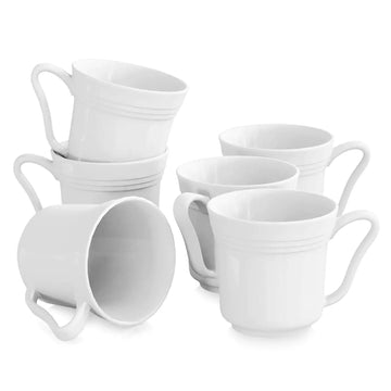 Mario Mugs Set of 6, Ivory White Porcelain with Silky Scallop Wavy Edges, 13oz, Filled with Steaming Hot Coffee