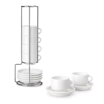 Set of white ceramic cups and saucers with a metal stand on a white#size_3ozbackground
