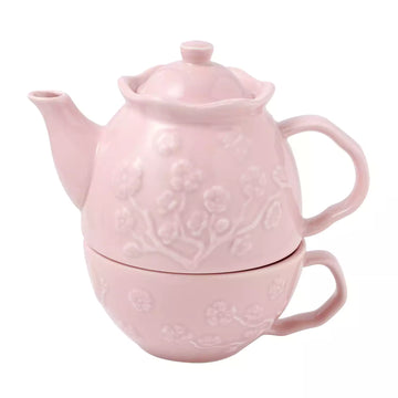 Vintage Pink Floral Embossed Teacup Set with Teapot, Porcelain, Single Serving with Black Tea