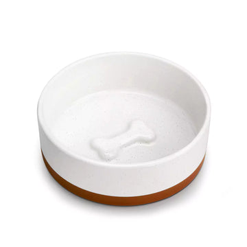 Versatile Tara Dog Bowls with speckled glaze weighted base and bone-shaped cut-out - 5.5 inch#size_5-5-inch