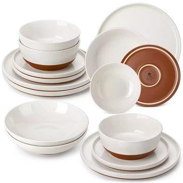 ZORA 16-piece stoneware dinnerware set for 4, including dinner plates, dessert plates, cereal bowls, and soup bowls with ivory glaze and matte clay base.