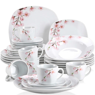 Annie porcelain dinnerware set, off-white, 30-piece, pink floral pattern, full set with cups and saucers on white