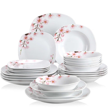 Annie porcelain dinnerware set, off-white, 24-piece for 6, pink floral pattern, full set on a white background