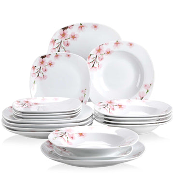 Annie porcelain dinnerware set, off-white, 18-piece, pink floral pattern, full set on a white background