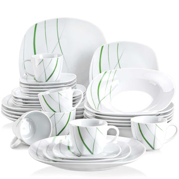 Aviva porcelain dinnerware set, off-white, 30-piece, green stripe pattern, full set with cups and saucers on white