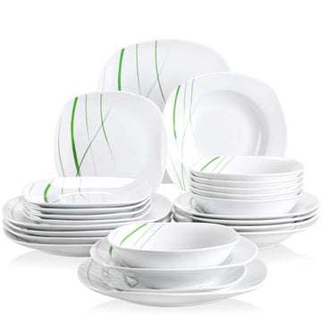 Aviva porcelain dinnerware set, off-white, 24-piece, green stripe pattern, full set on a white background