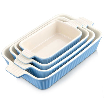 Blue porcelain bakeware set with fluted sides, nested. Includes 4 baking dishes.