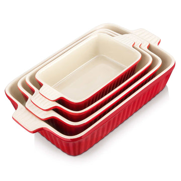Red porcelain bakeware set featuring four nested rectangular baking dishes with fluted sides and ribbed handles.
