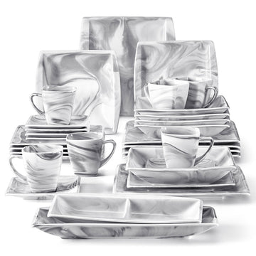 Blance porcelain dinnerware set, marble grey, 32-piece, natural marble pattern, full set on a white background