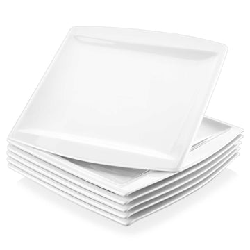 Blance porcelain dinner plates, ivory white, 10-inch, set of 6, square design, six plates on a white background