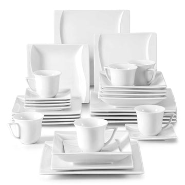 Carina dinnerware set, ivory white, 30-piece, simple line design on both sides, full set on a white background