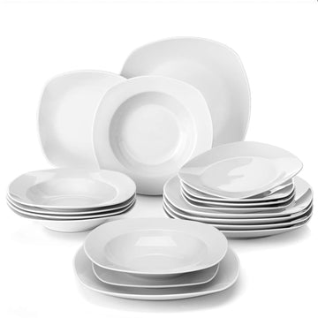 Elisa 18 Piece Dinnerware Set: white porcelain square dinner plates, soup bowls, and dessert plates.