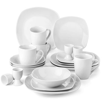 Elisa 20 Piece Dinnerware Set: fine porcelain, service for 4, neutral white, square plates, bowls, mugs.