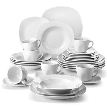 Elisa 30 Piece Dinnerware Set: white porcelain square plates, round bowls, cups, saucers for 6