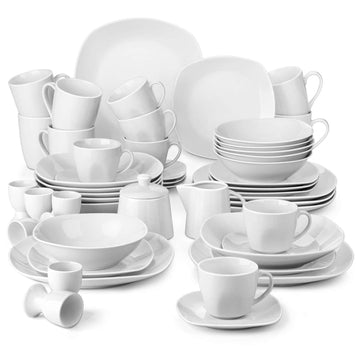 Elisa 50-piece white porcelain dinnerware set for 6 with square plates and round bowls.