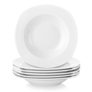 Elisa Soup Plates Set of 6: White porcelain, 8.2" square bowls for soup and pasta, dishwasher safe.