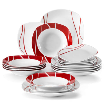 Felisa porcelain dinnerware set, grey-white, 18-piece, red line decals, full set on a white background