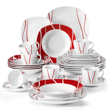 Felisa porcelain dinnerware set, grey-white, 30-piece, red line decals, full set with cups and saucers on white