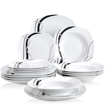 Fiona porcelain dinnerware set, off-white, 18-piece, black and gray stripes, full set on a white background