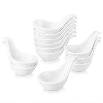 Set of 12 ivory white porcelain dipping sauce bowls with handles.#color_ivory-white