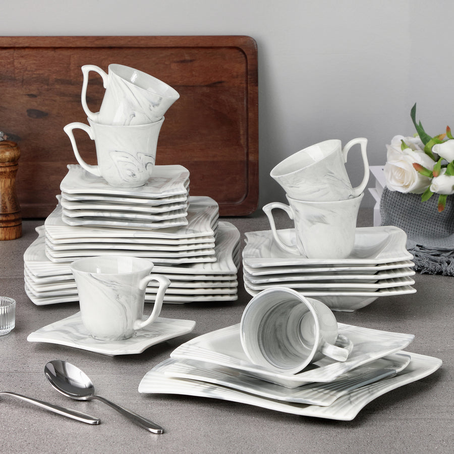 MALACASA Wave-Shape Amparo 30-Piece Porcelain Dinnerware Set in Grey
