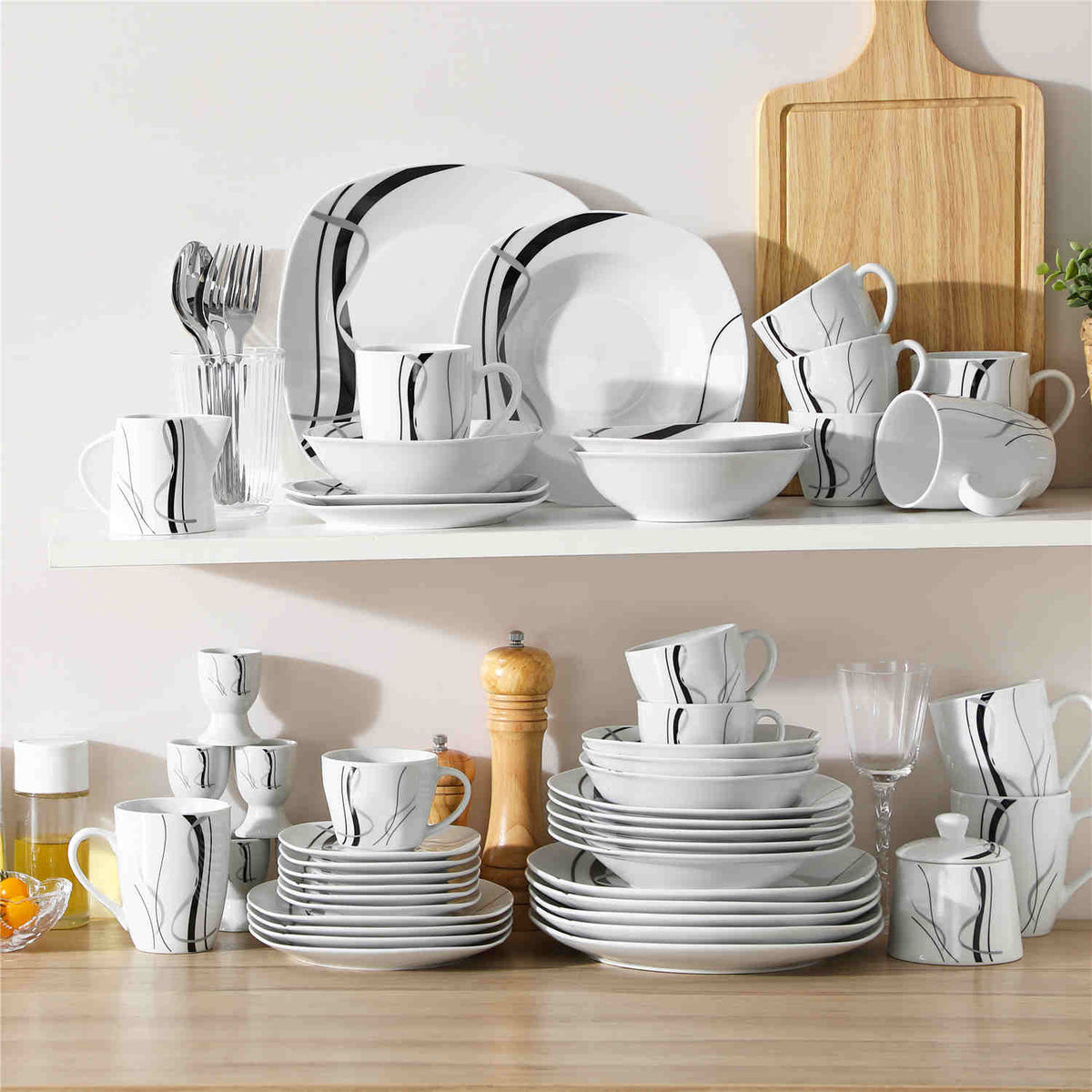 MALACASA Off-White Fiona 50 Piece Porcelain Dinnerware Set with Silver-Gray Stripes