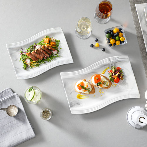 MALACASA Flora Marble Grey Porcelain Platters Set Of 2, With Wavy-Shaped Rectangular Design, Ideal For Stylishly Serving Appetizers, Grilled Meats, Or Desserts.