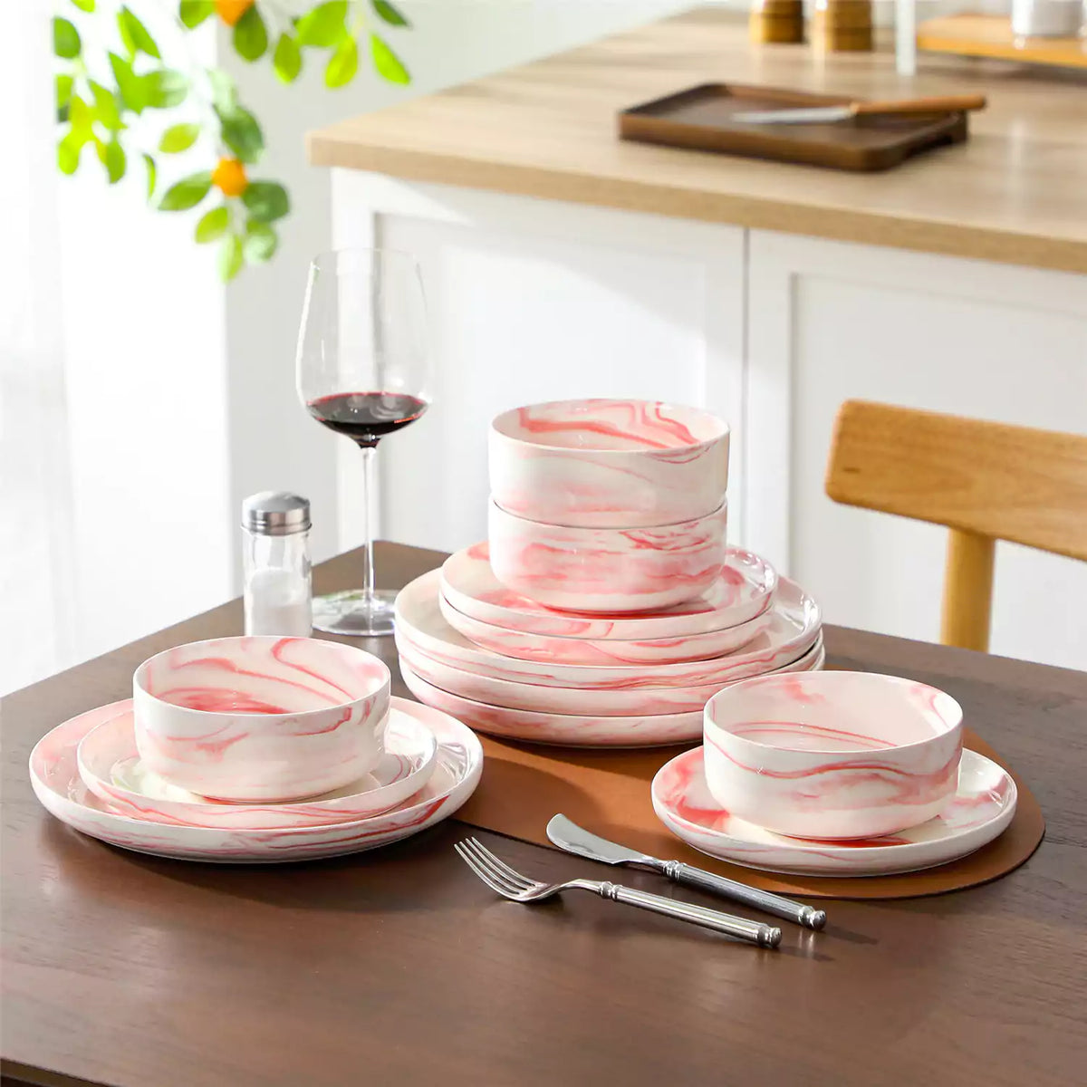 12-Piece Marble Pink Dinnerware Set Make Your Dinnerware Look Beautiful for Each Seasonal Holiday