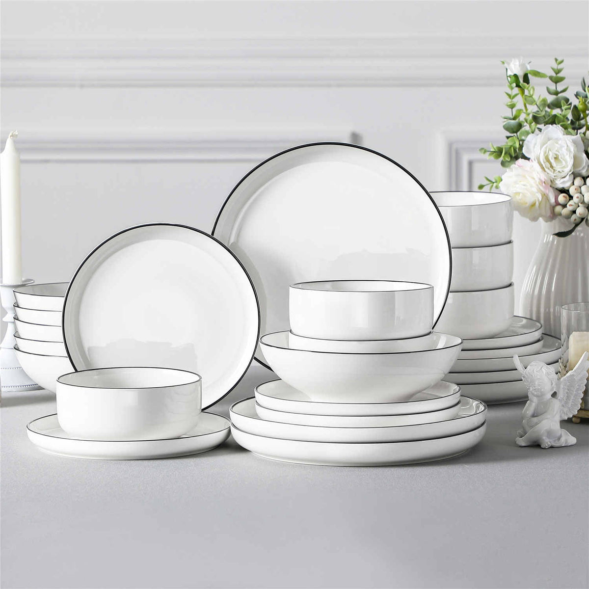 MALACASA Luna 24-Piece Porcelain Dinnerware Set with Soup Bowls and Cereal Bowls in Black Trim, Perfect for Blending Modern Sophistication with Timeless Appeal.