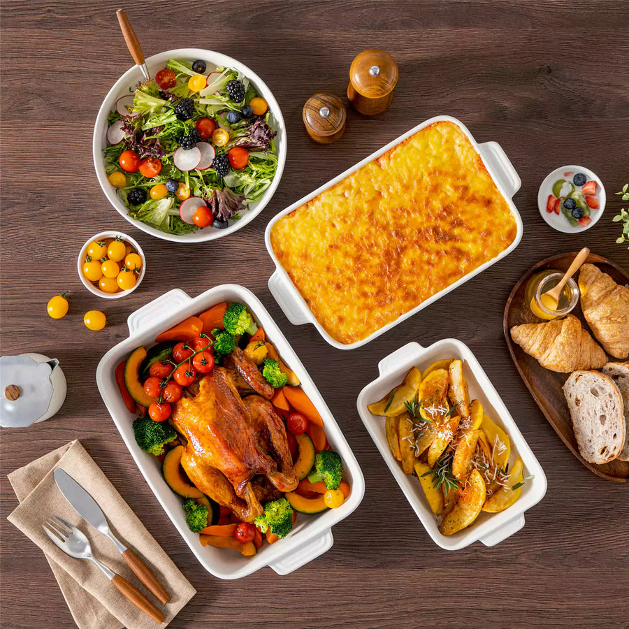 Ceramic 2 qt and 3 qt baking dishes side by side for comparing baking dish sizes and family meal portions