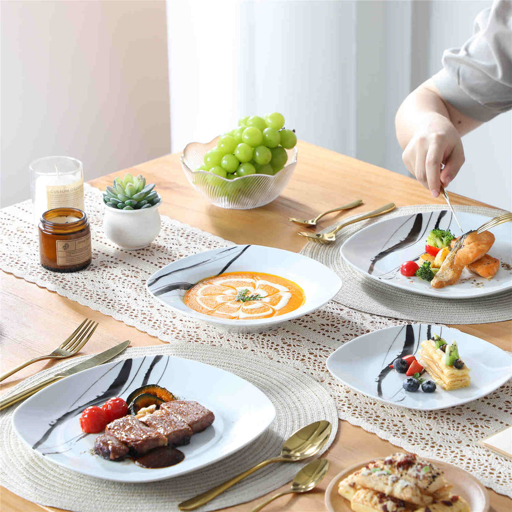 MALACASA Teresa 18-Piece Porcelain Dinnerware Set, Square Design with Ink and Line Pattern, Ideal for Stylish Dining and Special Occasions.