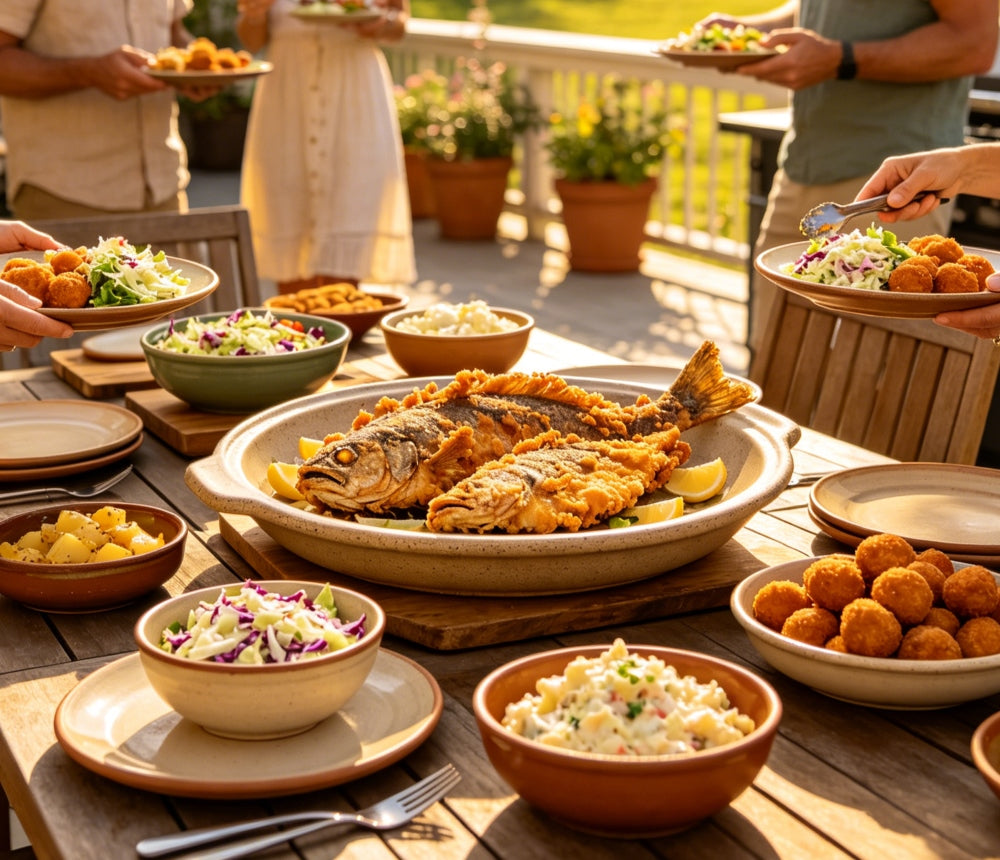 A classic American fish fry setup with stoneware dinnerware, buffet table layout, and fried fish with side dishes for a casual outdoor gathering
