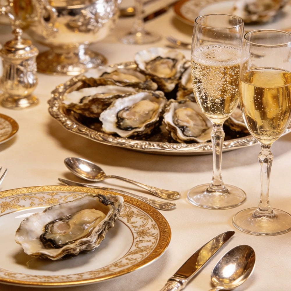 oyster and champagne party with elegant table setting and seafood serving presentation