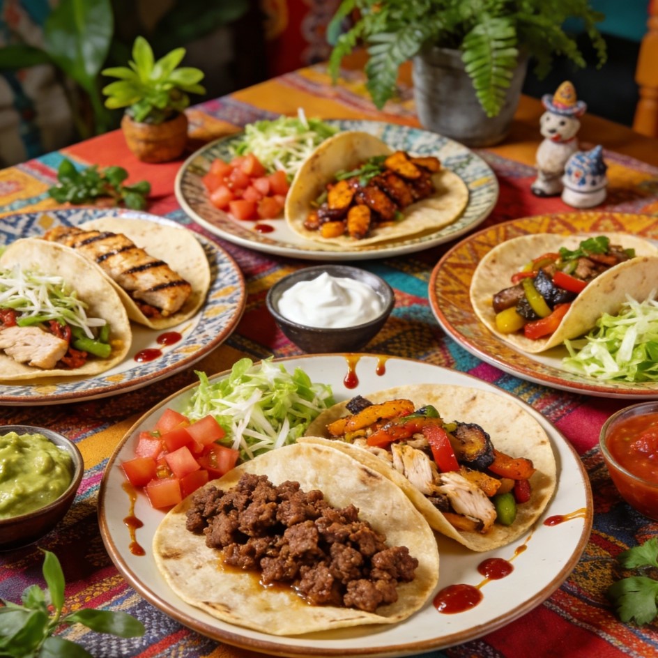 A colorful Taco Tuesday table setup with tacos, toppings, and modern white dinnerware, perfect for a festive taco night