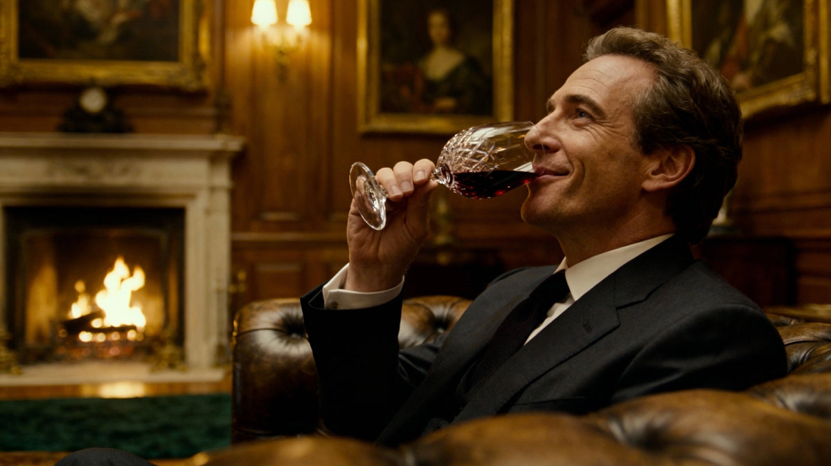 A man sipping red wine from a wine glass by a fireplace, savoring its aroma and flavor.
